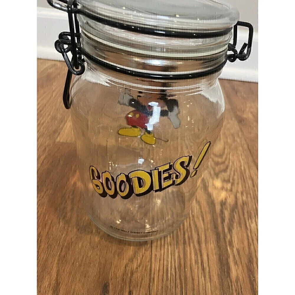Disney Mickey Mouse Cookie Jar Anchor Hocking Glass Jar Treat Candy 8 inch VTG